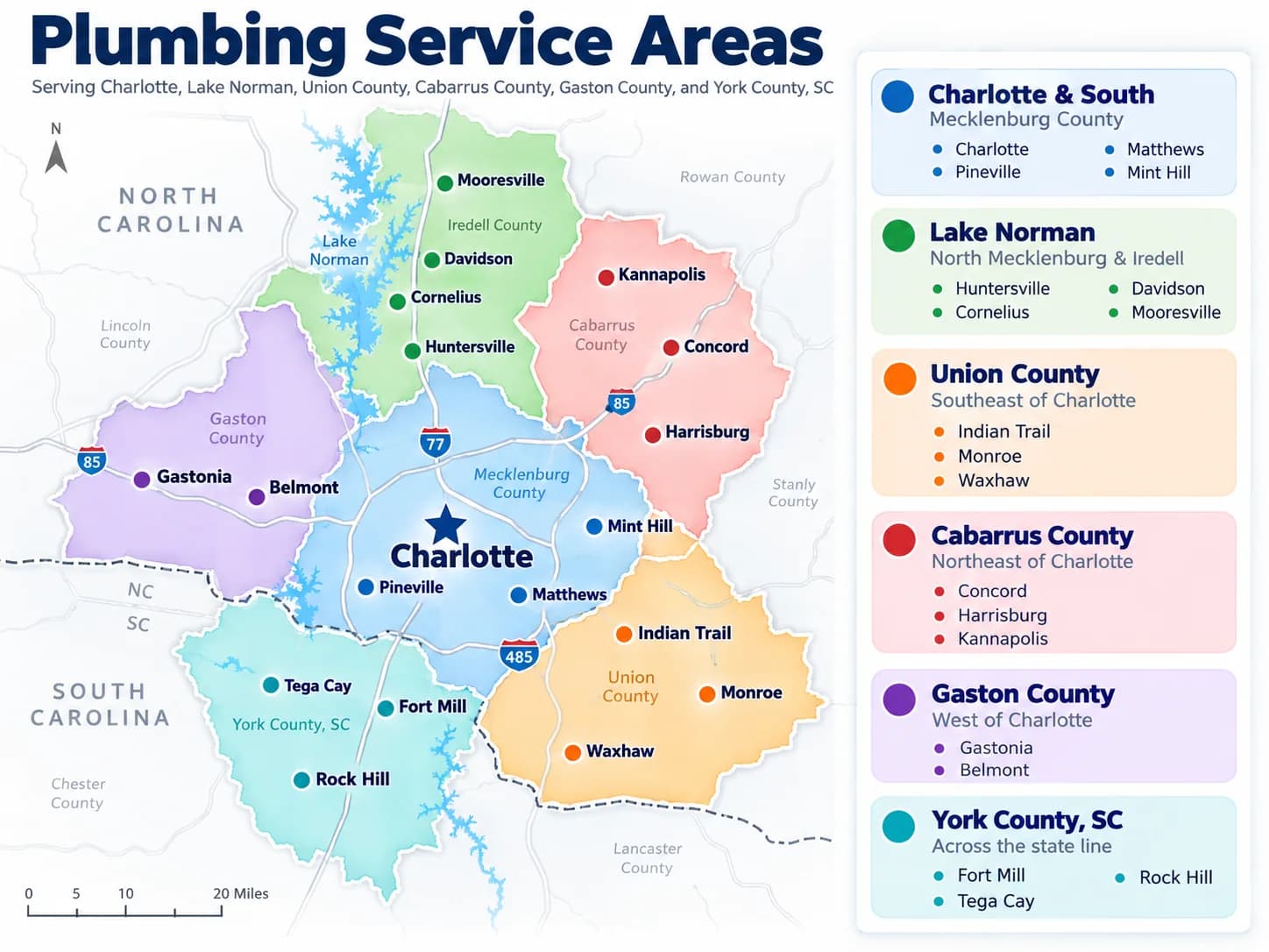 Map of SteadWell Plumbing service areas: Charlotte and south, Lake Norman, Union, Cabarrus and Gaston counties, and York County, SC